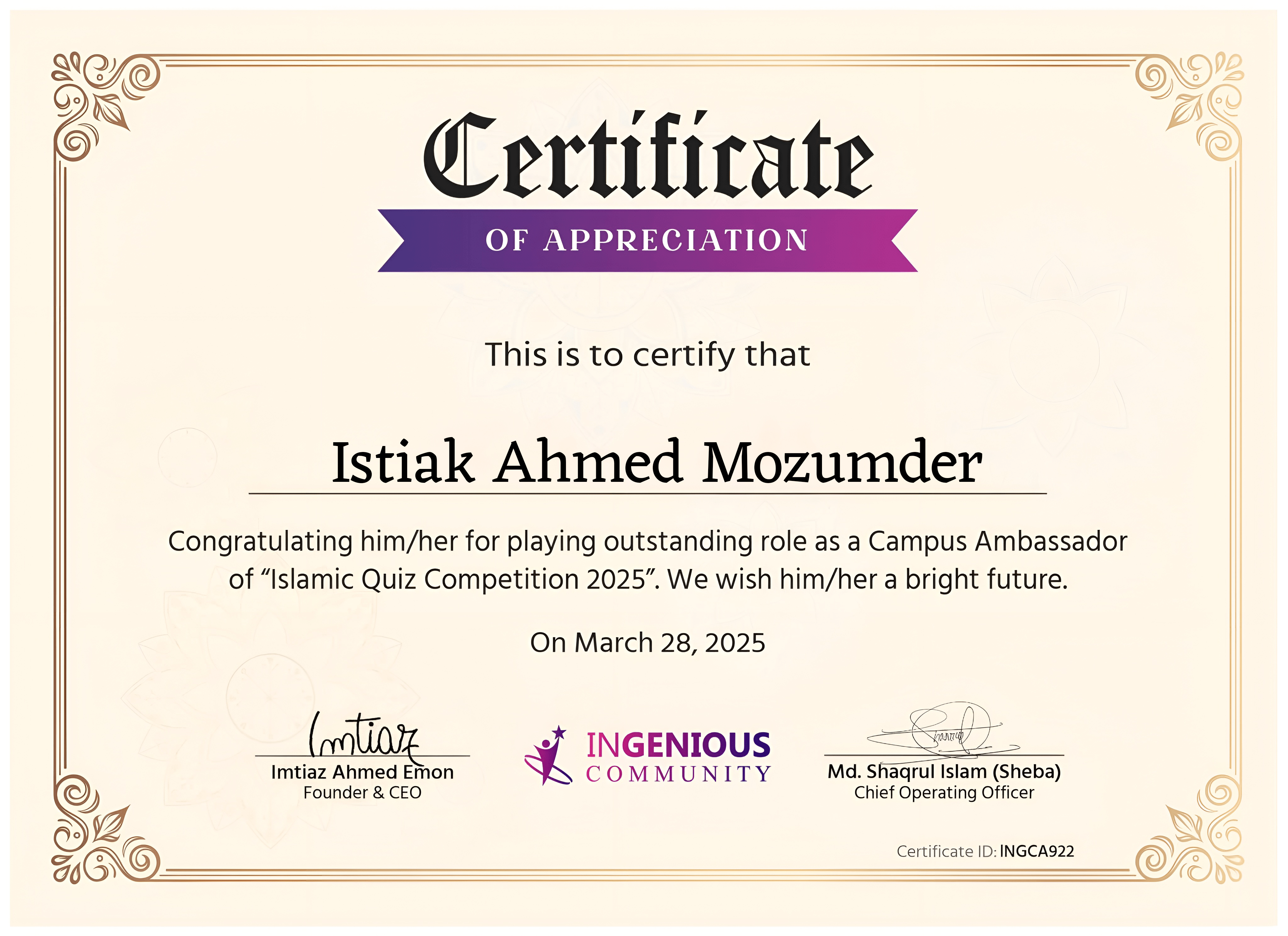 Certificate for Ambassador