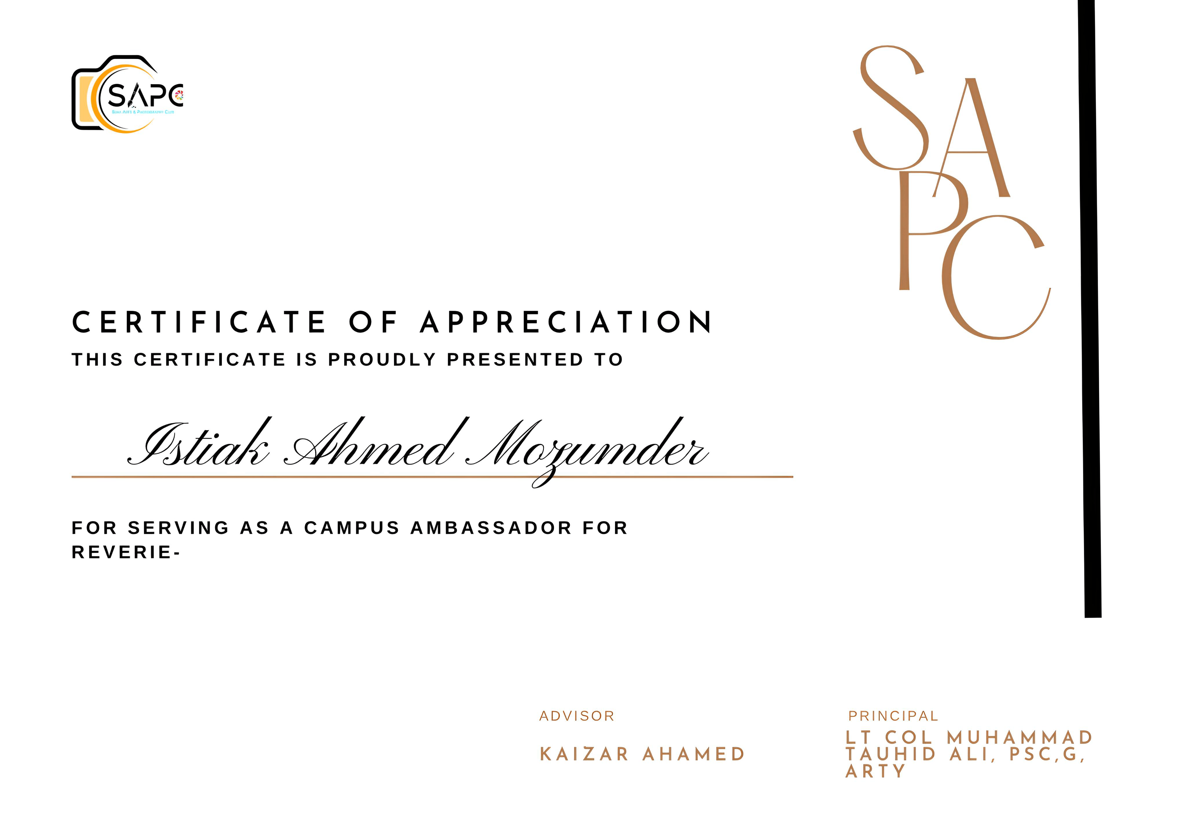 Certificate for ambassador
